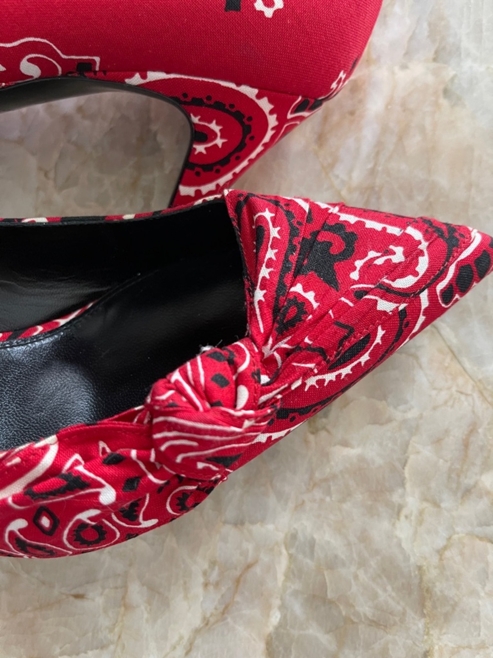 Saint Laurent Red Paisley Pointed Toe Knotted Kitten Heels 👠 - Picture 7 of 8